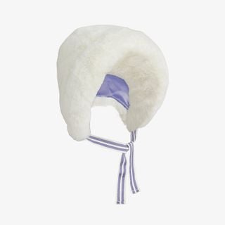 Off-white faux fur fold-up hat featuring a purple lining and striped chin ties.