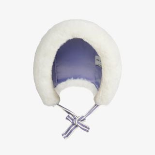 Off-white faux fur fold-up hat with a purple lining and striped chin-tie strings.