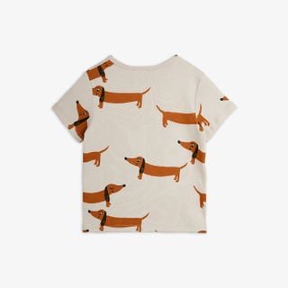 Grey short-sleeved t-shirt featuring an all-over print of brown dachshund dogs.