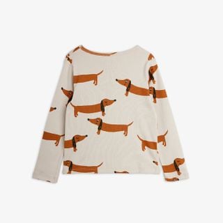 Grey long-sleeved top featuring an all-over brown Dog print with dachshund motifs.