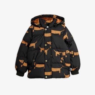 Black hooded puffer jacket with brown Dog print, featuring snap buttons and front pockets.