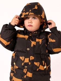 Black hooded puffer jacket featuring a Dog print and snap buttons.