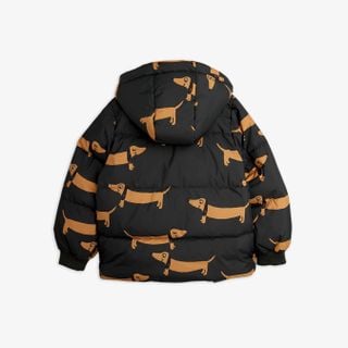 Black hooded puffer jacket featuring an all-over brown Dog print, back view.