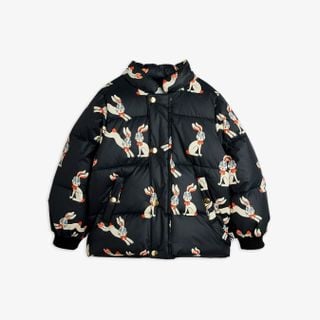 Black puffer jacket featuring a white Rabbit print, gold-tone snap buttons and ribbed cuffs.