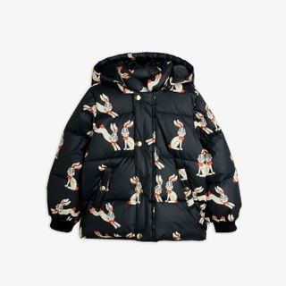 Black hooded puffer jacket featuring a Rabbit print, gold-tone snap buttons and ribbed cuffs.