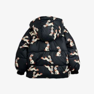 Black hooded puffer jacket featuring a white Rabbits print and black ribbed cuffs, shown from the back.