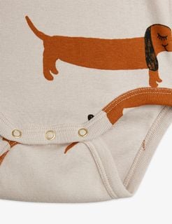 Grey bodysuit featuring a brown Dog print and gold-tone snap buttons at the crotch.