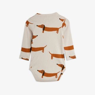 Long-sleeved grey bodysuit featuring an all-over brown Dog print.