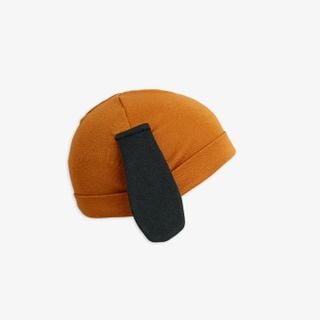 Brown baby beanie with a fold-up brim and attached black dog ears.