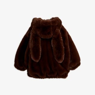 Brown faux fur jacket featuring a hood with long rabbit ears, shown from behind.