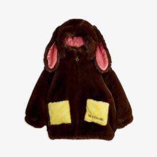 Brown faux fur jacket featuring a rabbit-ear hood and yellow front pockets with embroidery.