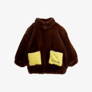 Brown faux fur jacket featuring yellow front pockets with black M.Rodini embroidery.