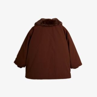 Brown padded nylon parka featuring a plush faux fur collar, shown from the back.
