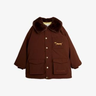 Brown padded nylon parka featuring dark faux fur collar, gold buttons, and dachshund embroidery.
