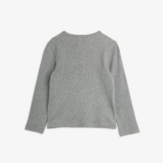 Grey melange ribbed long-sleeved top with a round neck, shown from the back.