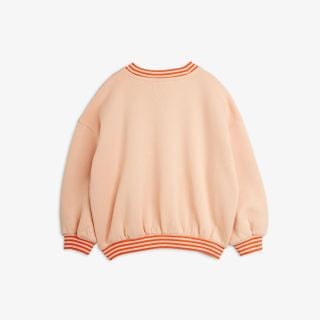 Pink sweatshirt from the back with orange and white striped ribbed trims and dropped shoulders.