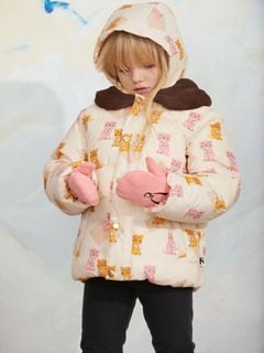 Puffer jacket with Kittens print, brown faux-fur collar, and hood, worn by a child wearing pink mittens.