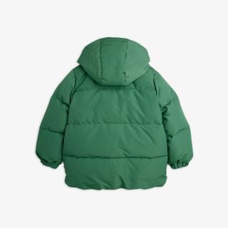 Solid green heavy puffer jacket with a padded construction and hood, viewed from behind.