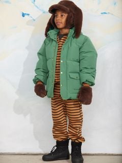 Solid forest-green heavy puffer jacket with a removable hood, worn by a child.