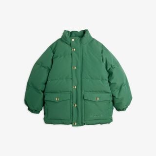Solid forest green heavy puffer jacket with brass snap buttons and M.Rodini pocket branding.