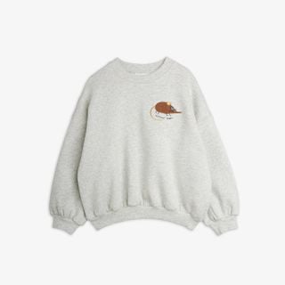 Grey melange crew neck sweatshirt featuring an embroidered Elephant shrew illustration on the chest.