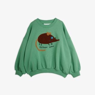Green sweatshirt featuring a brown Elephant shrew chenille patch and dropped shoulders.