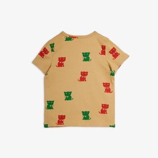 Beige short-sleeved T-shirt featuring a red and green Kittens print, shown from the back.