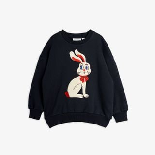 Black crew neck sweatshirt featuring a white Rabbit application with a red bow and ribbed trims.