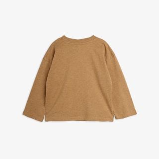 Brown melange organic cotton long-sleeved top, back view, featuring dropped shoulders and ribbed neck.