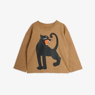 Brown melange long sleeve top featuring a black Panther print and dropped shoulders.