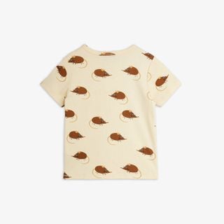 Beige short-sleeved T-shirt with a repeat brown Elephant shrew print, shown from the back.