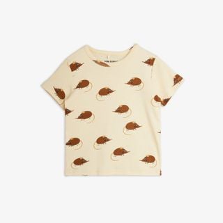 Beige organic cotton t-shirt featuring an all-over brown Elephant shrew print and short sleeves.