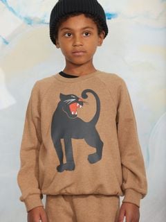 Brown melange sweatshirt with a black panther print on the front, worn by a child.