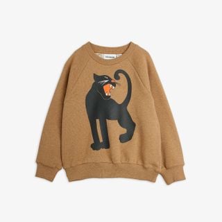 Brown melange sweatshirt featuring a large black Panther print on the front and raglan sleeves.