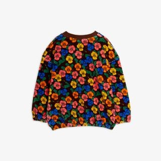Brown velour sweatshirt featuring a colorful all-over Violas print, shown from the back.