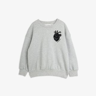 Grey melange organic cotton sweatshirt featuring a black anatomical heart application and ribbed trims.