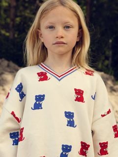 Off-white sweatshirt featuring a Kittens print with blue and red cats, a V-neck collar, and ribbed trims, worn by a child.