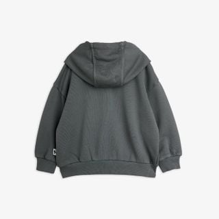 Grey organic cotton hoodie seen from behind, featuring a large hood and ribbed trims.