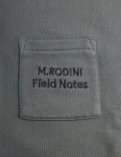 Close-up of the grey hoodie's front pocket with embroidered Field Notes text.