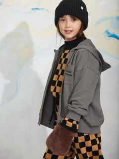 Grey zip-up hoodie featuring an embroidered chest pocket, worn by a child.