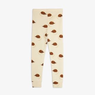 Beige organic cotton leggings with an Elephant shrew print, elastic waist and ribbed cuffs.