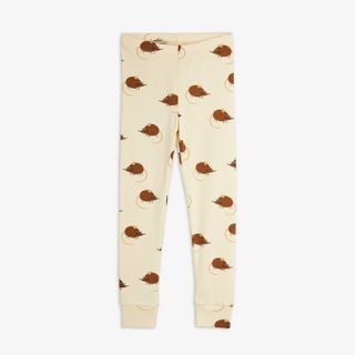Beige organic cotton leggings with a brown Elephant shrew print, elastic waist and ribbed cuffs.