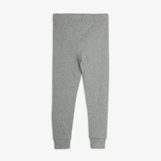 Grey melange leggings featuring an elastic waist and ribbed cuffs at the leg ends.