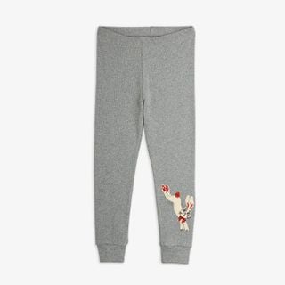 Grey melange baby leggings featuring a rabbit application on the leg and ribbed cuffs.