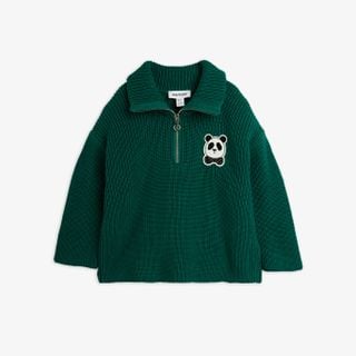 Green chunky knit sweater featuring a silver half-zip and a signature Panda patch on the chest.
