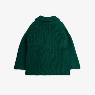 Green chunky knit sweater featuring a ribbed high collar and long sleeves, back view.