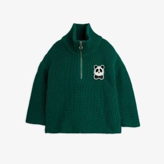 Green chunky knit sweater featuring a half-zip, high collar, and a signature panda patch on the chest.