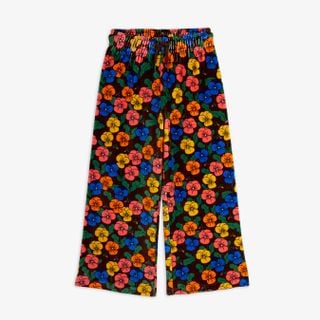 Multi-colored Violas print velour trousers featuring an elasticated waist and brown drawstring.