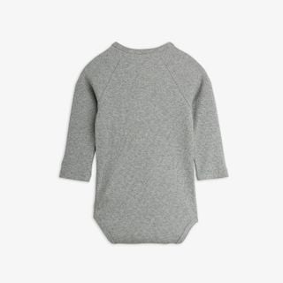 Grey melange long-sleeved ribbed bodysuit shown from the back with raglan sleeves.