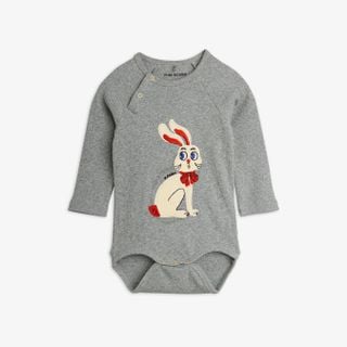 Rabbit application on a grey melange long-sleeved bodysuit with shoulder and crotch snap buttons.